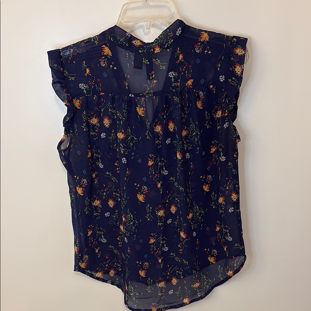 LAST CALL! Fun & Flirt Blue and Orange Flutter Sleeve Blouse with Tie Front - Picture 4 of 5